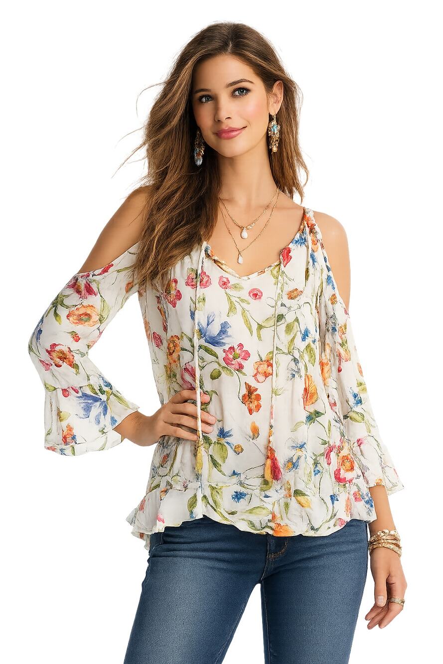 Johnny Was Silk Blend Floral Cold Shoulder Top S White Boho Bell Sleeve Blouse